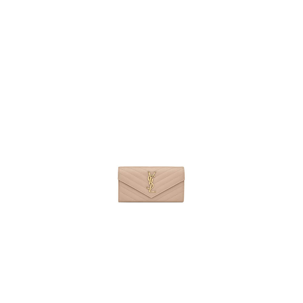 Beige YSL CASSANDRE MATELASSE LARGE FLAP WALLET IN GRAIN DE POUDRE LEATHER