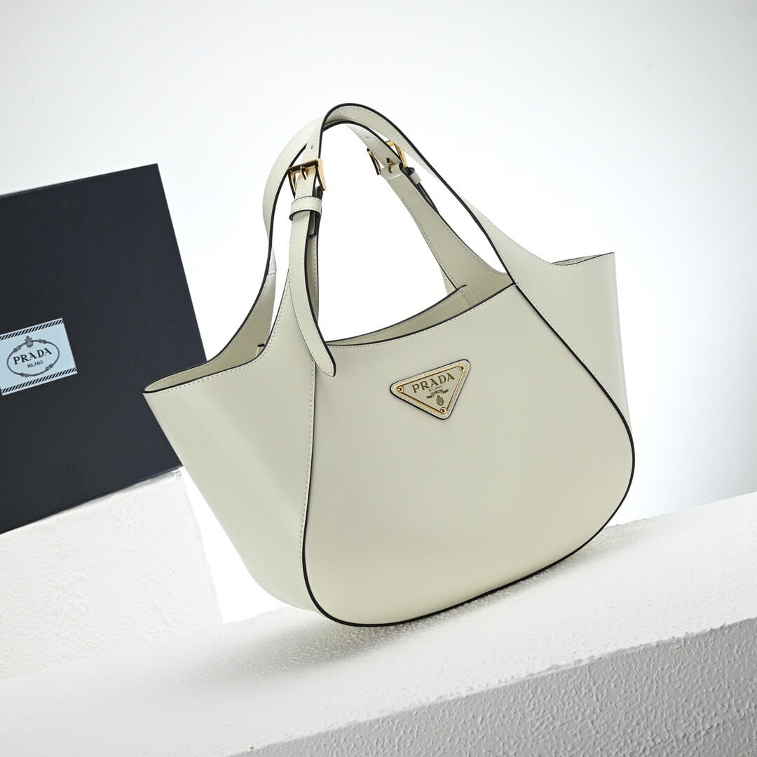 White Prada Medium Enamel Triangle Logo Leather Tote Bag (high-end grade) - Image 3