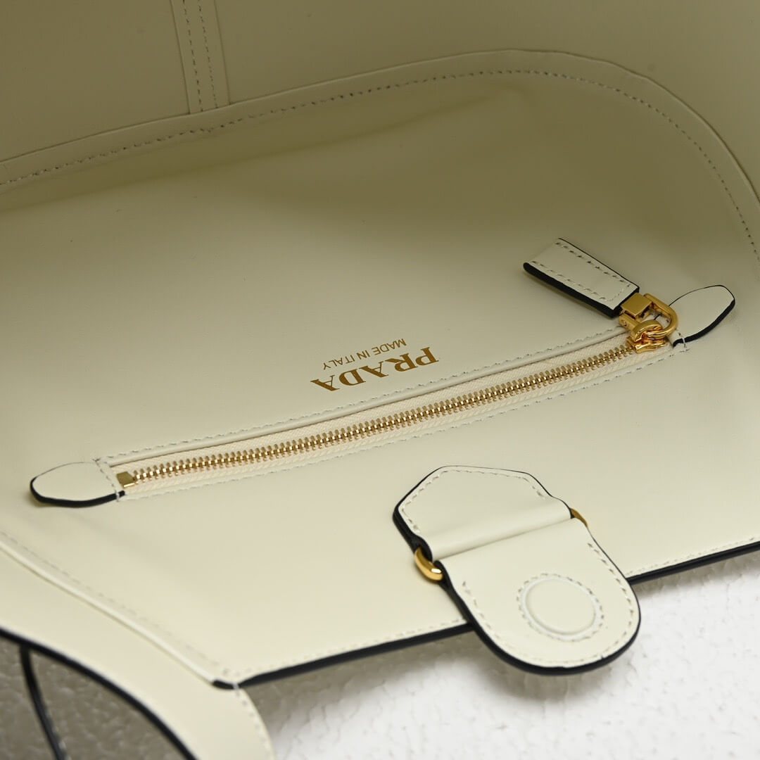 White Prada Medium Enamel Triangle Logo Leather Tote Bag (high-end grade) - Image 7