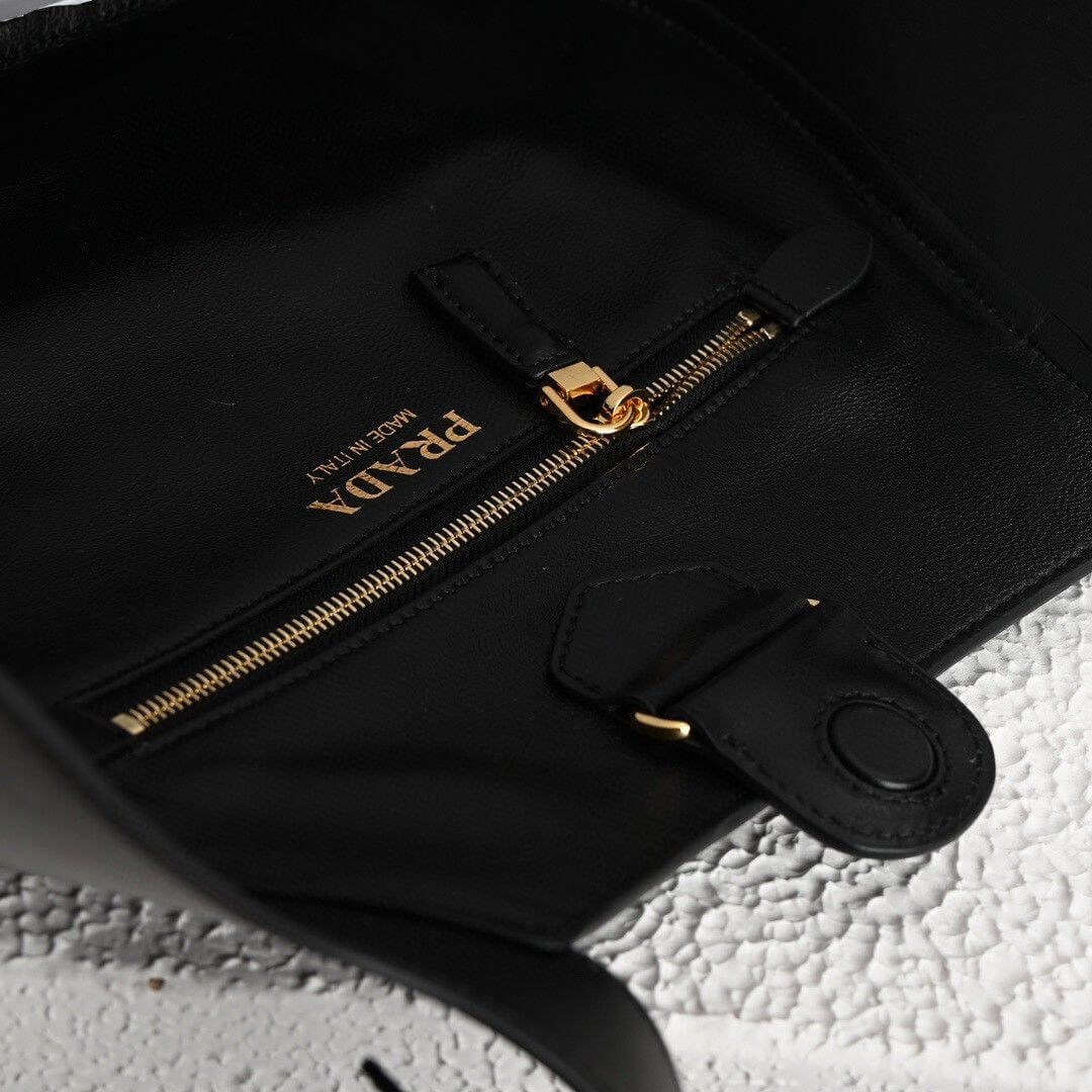 Black Prada Medium Enamel Triangle Logo Leather Tote Bag (high-end grade) - Image 7